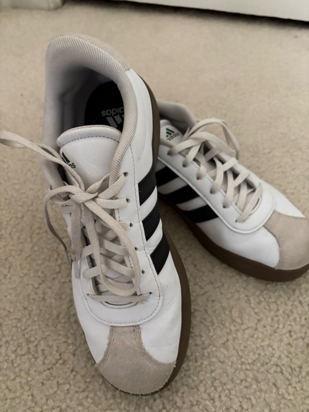 adidas White Sneakers with Black Stripes and Brown Gum Sole